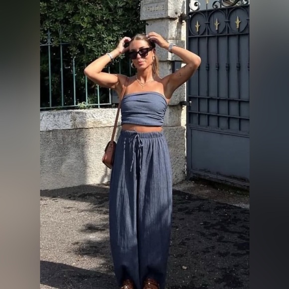 Zara Pants - Zara Blue Wide Leg Jumpsuit with Tie Waist